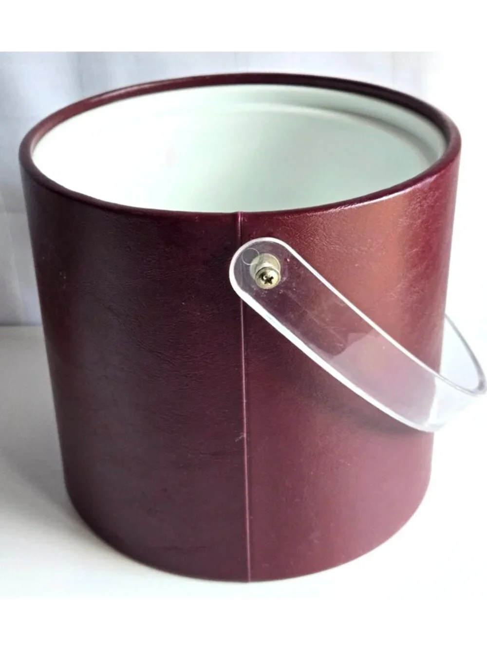 Georges Briard Red Faux Leather Ice Bucket Clear Acrylic Lid and Handle U.S.A.